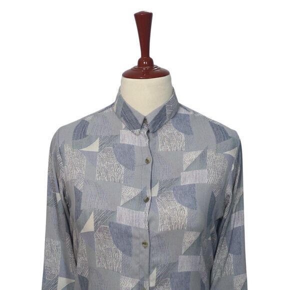 Womens Gray Chiffon Button Up Shirt Medium Abstract Geometric Dressy Blouse - Picture 3 of 7